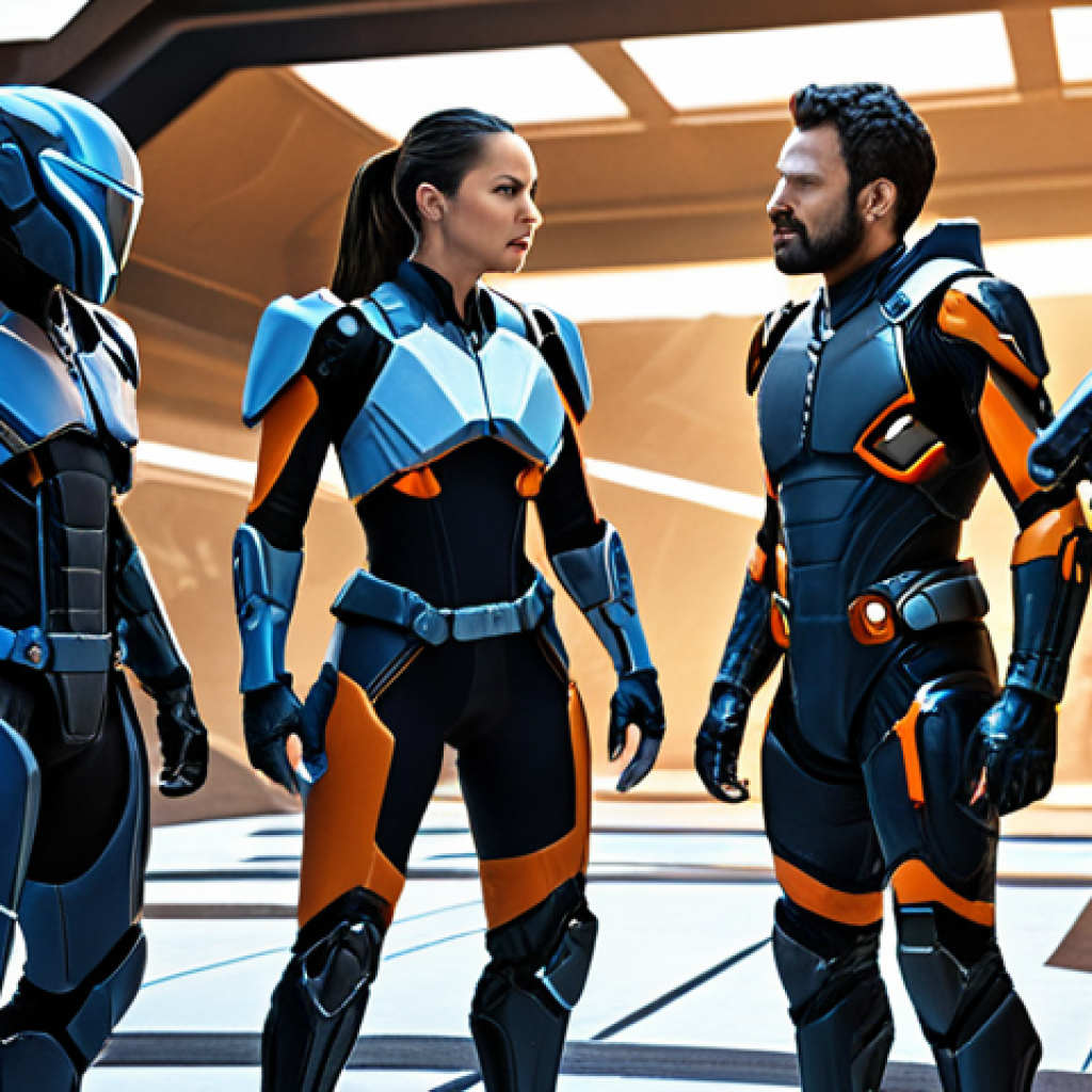 **Strategic Team Composition:** A diverse team of Eternal Return characters preparing for battle in a futuristic arena, highlighting synergy and varied roles. Emphasize communication and planning. Action shot.