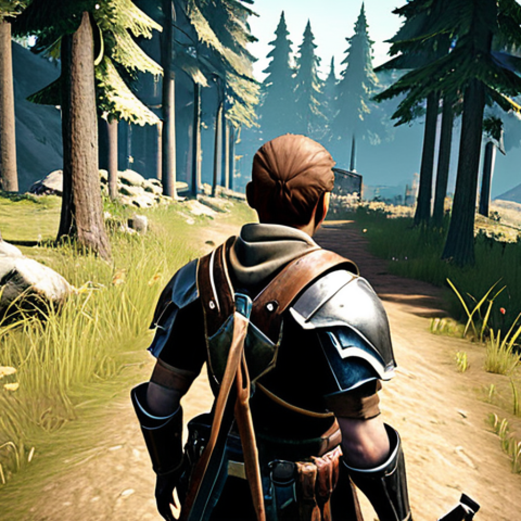 **

A player strategically landing on the outskirts of a forest area in a video game. Focus on the character's determined expression as they scan the environment for resources. Include UI elements like a mini-map and inventory slots partially visible. The style should be realistic but with a slight stylized video game aesthetic. Emphasize the sense of anticipation and careful planning. The character could be wearing starting-level armor and carrying a basic weapon.

**