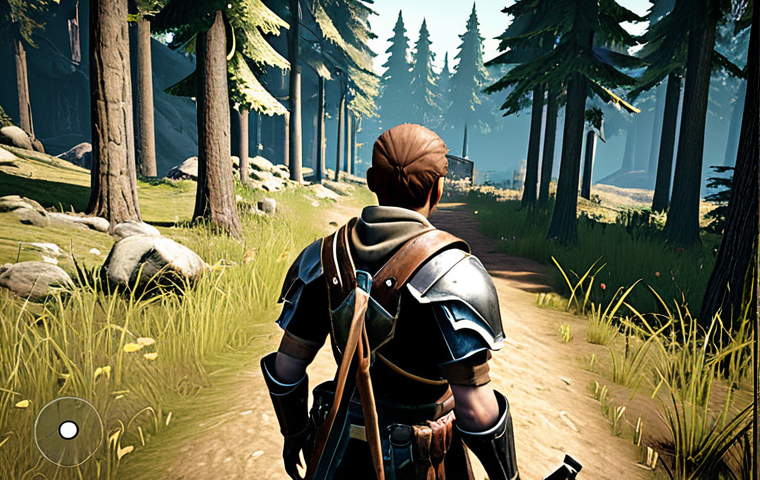 **

A player strategically landing on the outskirts of a forest area in a video game. Focus on the character's determined expression as they scan the environment for resources. Include UI elements like a mini-map and inventory slots partially visible. The style should be realistic but with a slight stylized video game aesthetic. Emphasize the sense of anticipation and careful planning. The character could be wearing starting-level armor and carrying a basic weapon.

**