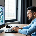 A focused male professional, aged 30s, wearing a modest yet stylish business casual outfit, sits at a sleek, minimalist desk in a modern, well-lit study. He is intently gazing at a holographic display in front of him, which subtly projects abstract strategic game elements like interconnected nodes and flowcharts, symbolizing character builds and routes. His posture is natural, reflecting deep concentration and mastery. The room is tidy with subtle tech accents, conveying an atmosphere of calm expertise. fully clothed, modest clothing, appropriate attire, professional dress, safe for work, appropriate content, professional, perfect anatomy, correct proportions, natural pose, well-formed hands, proper finger count, natural body proportions, high quality, professional photography.