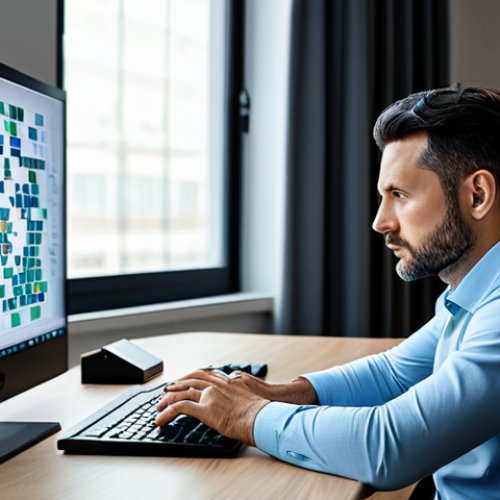 A focused male professional, aged 30s, wearing a modest yet stylish business casual outfit, sits at a sleek, minimalist desk in a modern, well-lit study. He is intently gazing at a holographic display in front of him, which subtly projects abstract strategic game elements like interconnected nodes and flowcharts, symbolizing character builds and routes. His posture is natural, reflecting deep concentration and mastery. The room is tidy with subtle tech accents, conveying an atmosphere of calm expertise. fully clothed, modest clothing, appropriate attire, professional dress, safe for work, appropriate content, professional, perfect anatomy, correct proportions, natural pose, well-formed hands, proper finger count, natural body proportions, high quality, professional photography.