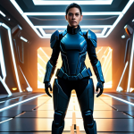 A focused female professional character, fully clothed in a sleek, modest, and functional futuristic suit, standing in a high-tech virtual battle arena. She is in a natural, poised stance, as if executing a precise strategic maneuver. The background features dynamic lighting and abstract geometric structures, emphasizing a digital, strategic environment. This image conveys a sense of mastery and controlled power. safe for work, appropriate content, fully clothed, professional, perfect anatomy, correct proportions, natural pose, well-formed hands, proper finger count, natural body proportions, high-quality professional photography.