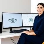A professional streamer, fully clothed in a modest, comfortable yet professional top and trousers. They are seated naturally at a sleek, modern desk in a bright, inviting home office. The background features subtle, tasteful decor reflecting a unique personal brand, such as a minimalist art piece on a clean wall or a strategically placed houseplant, hinting at a personalized space. Their expression is friendly, confident, and authentic, conveying genuine engagement with an unseen audience. The scene is well-lit, emphasizing a high-quality microphone and a screen displaying abstract, professional-looking graphics. Perfect anatomy, correct proportions, natural pose, well-formed hands, proper finger count, natural body proportions, professional photography, high quality, safe for work, appropriate content, family-friendly.