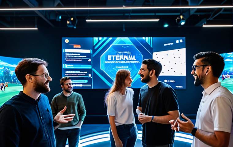 A diverse group of adult gamers, fully clothed in modest, professional casual attire, gathered in a modern, brightly lit esports venue. They are engaged in positive discussion and collaboration around a large, transparent holographic display showcasing "Eternal Return" game data and future updates. The atmosphere is vibrant and inclusive, with other community members visible in the background. Perfect anatomy, correct proportions, natural pose, well-formed hands, proper finger count, natural body proportions. Professional photography, high quality, safe for work, appropriate content, fully clothed, family-friendly.