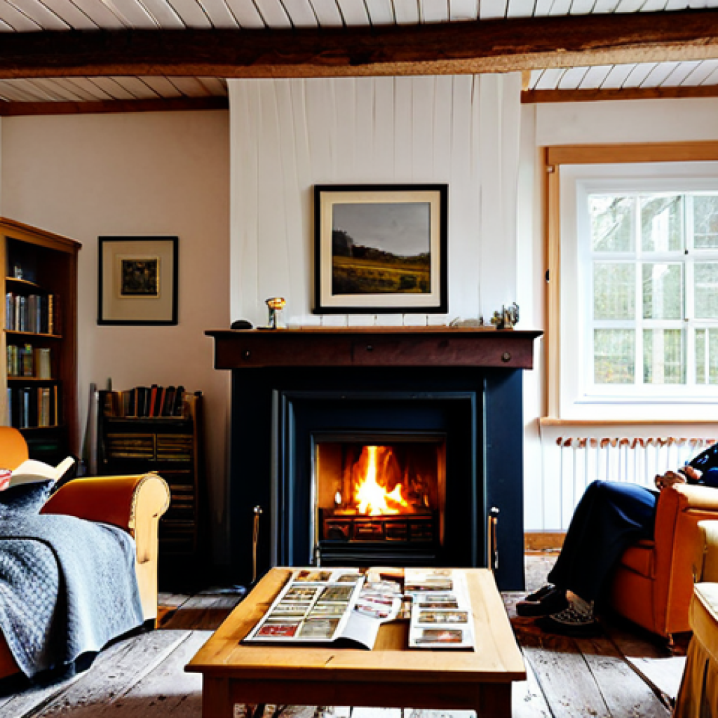 Cozy Swedish Cottage Interior**

"A cozy interior shot of a traditional Swedish cottage ("stuga"), featuring a roaring fireplace, comfortable armchairs with knitted throws, and bookshelves filled with classic Swedish literature. Warm, inviting light filters through the windows, illuminating the wooden beams and rustic décor. Fully clothed family members are enjoying activities such as reading, knitting, and playing board games. Safe for work, appropriate content, fully clothed, modest, family-friendly scene. Perfect anatomy, correct proportions, natural pose, well-formed hands, proper finger count, natural body proportions, professional photography, high quality."

**