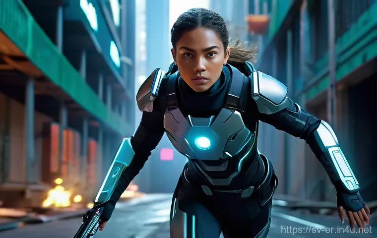 이터널리턴 플레이 타임 단축법 - **Prompt:** A dynamic, full-body shot of a skilled female character in a futuristic combat suit, ful...