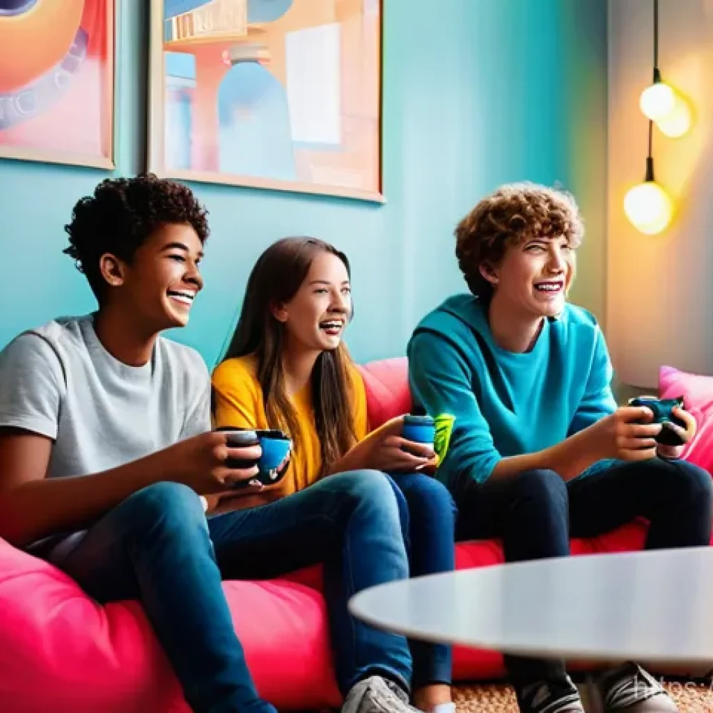 이터널리턴 유저 신고 절차 - **Prompt:** "A vibrant, cozy gaming room illuminated by soft, colorful LED lights. A diverse group o...