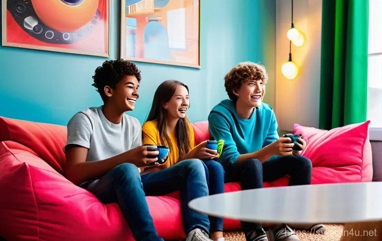 이터널리턴 유저 신고 절차 - **Prompt:** "A vibrant, cozy gaming room illuminated by soft, colorful LED lights. A diverse group o...