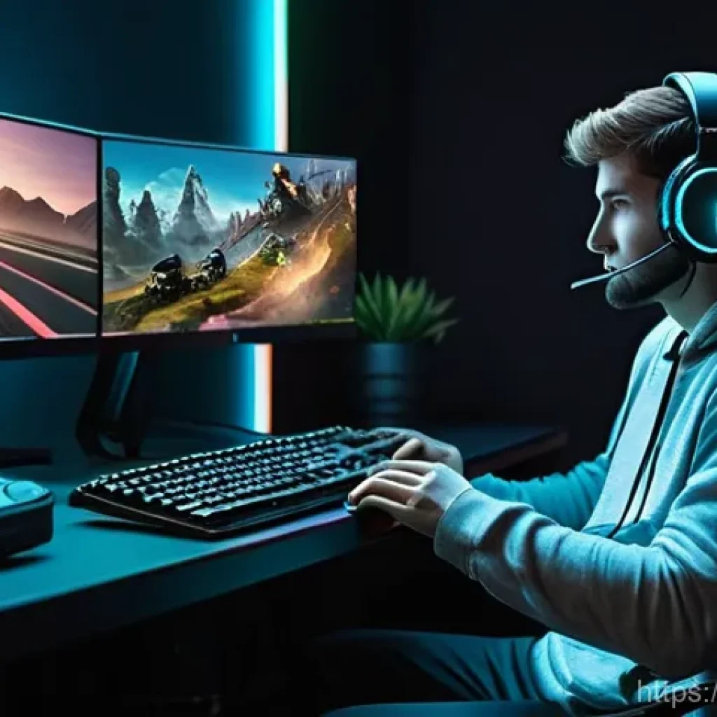 이터널리턴 프레임레이트 개선법 - A cozy and well-lit gaming room. A young adult, dressed in comfortable casual wear (like a hoodie an...