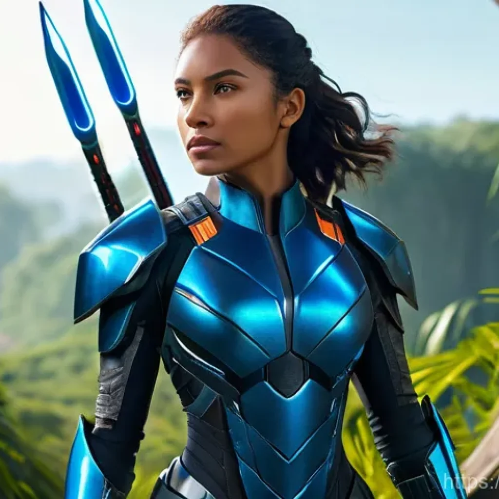 이터널리턴 인기 아이템 순위 - A medium full shot of a skilled female warrior on Lumia Island. She is holding a gleaming, futuristi...