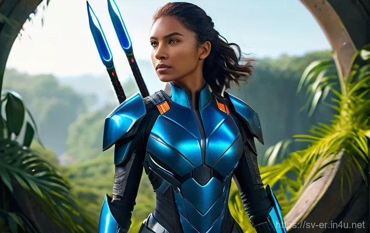 이터널리턴 인기 아이템 순위 - A medium full shot of a skilled female warrior on Lumia Island. She is holding a gleaming, futuristi...