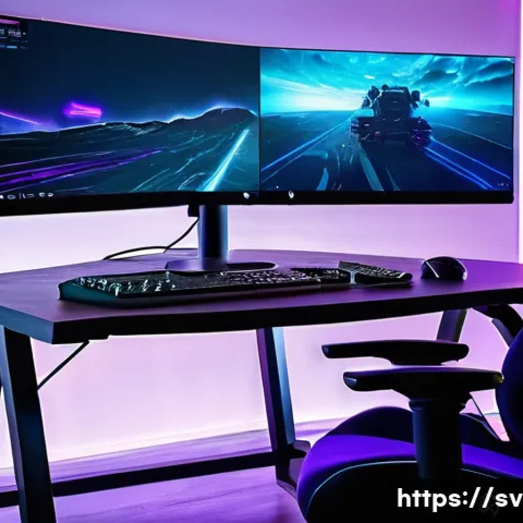 이터널리턴 실시간 스트리밍 기법 - A modern gaming streaming setup featuring a powerful desktop PC with RGB lighting, dual monitors dis...