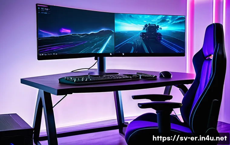 이터널리턴 실시간 스트리밍 기법 - A modern gaming streaming setup featuring a powerful desktop PC with RGB lighting, dual monitors dis...