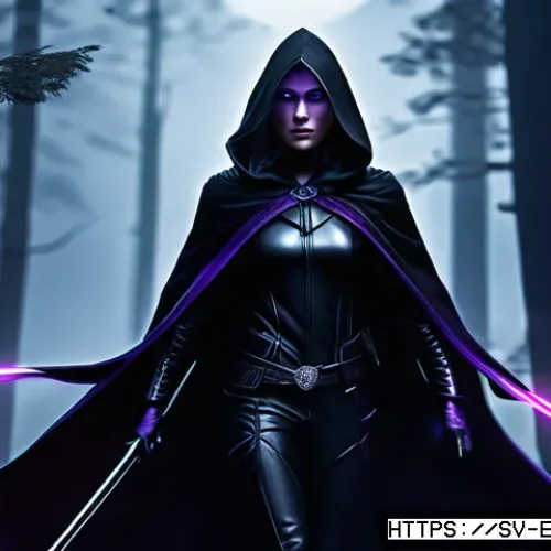 이터널리턴 스킨 출시 예고 - A dark and mysterious female character named Raine wearing a sleek, matte black and deep purple outf...