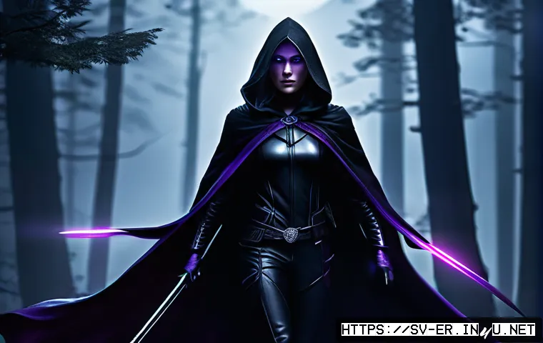 이터널리턴 스킨 출시 예고 - A dark and mysterious female character named Raine wearing a sleek, matte black and deep purple outf...