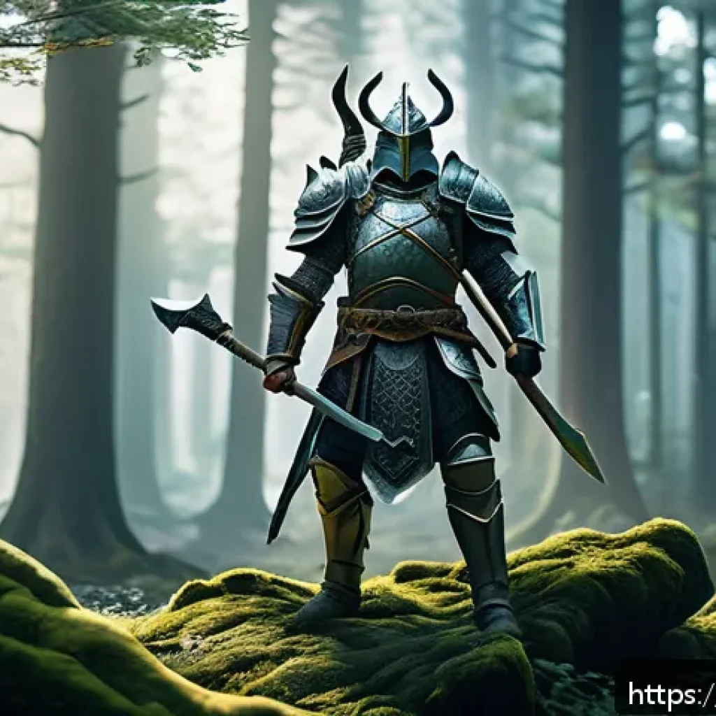 이터널리턴 PvE 팁 - A detailed fantasy warrior character standing in a dense, misty forest, equipped with upgraded heavy...
