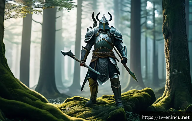 이터널리턴 PvE 팁 - A detailed fantasy warrior character standing in a dense, misty forest, equipped with upgraded heavy...