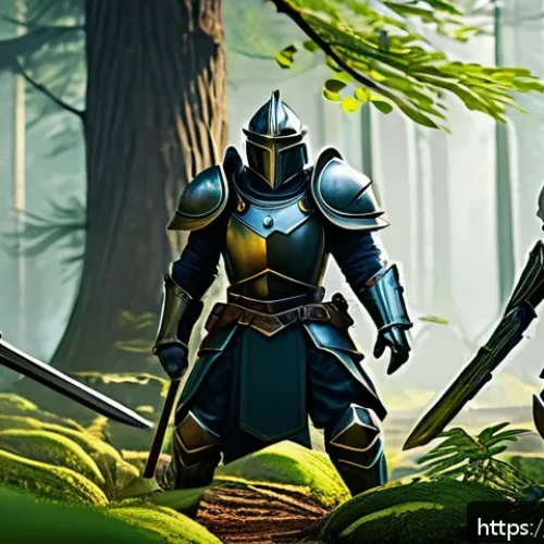 이터널리턴 업데이트 기능 정리 - A dynamic multiplayer game scene showing a team of diverse characters in detailed fantasy armor usin...