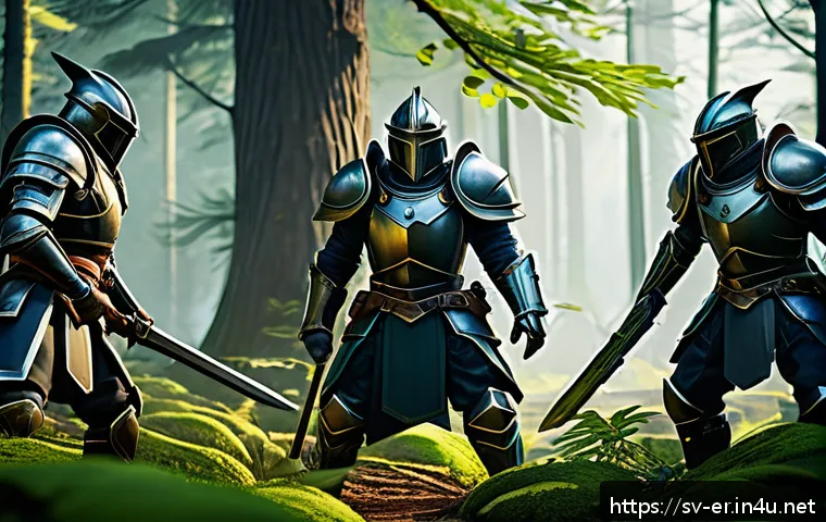 이터널리턴 업데이트 기능 정리 - A dynamic multiplayer game scene showing a team of diverse characters in detailed fantasy armor usin...