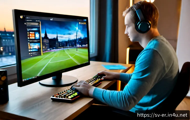 Home 17 이터널리턴 VIP 유저 혜택 - Photorealistic premium gaming setup in a cozy Stockholm apartment at blue-hour twilight, adult gamer...