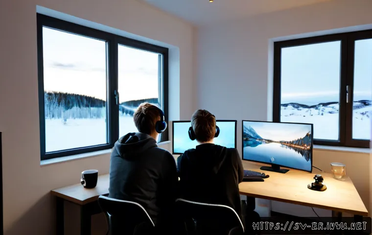 이터널리턴 게임 관련 커뮤니티 탐구 - Photorealistic cozy Swedish gaming community scene, three diverse young adult friends gathered aroun...