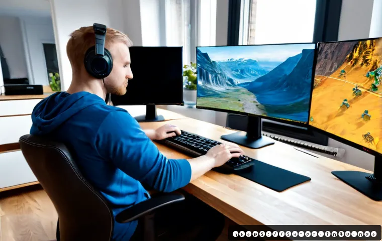 이터널리턴 시즌별 메타 변화 - Photorealistic Nordic gaming desk in a bright Swedish apartment, focused adult esports player compar...