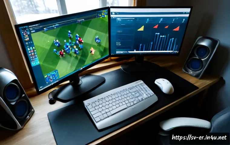 Home 17 이터널리턴 트렌드 예측 - Photorealistic overhead view of a Swedish gaming enthusiast’s clean home desk, dual monitors showing...